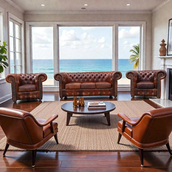 Chesterfield Luxus Leder Garnitur 3+2+1 Luxus Aniline Narben leder