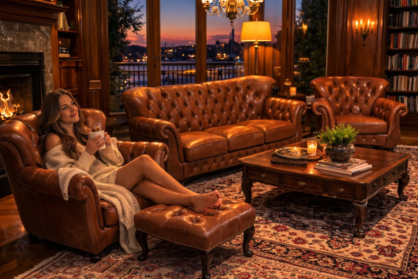 Chesterfield Set 3-2-1 Woburn Rinds Leder Garnitur /D300 Rinder Leder